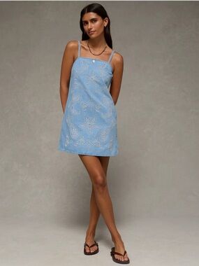 NWT American Eagle Light Blue Embroidered Denim Mini Dress